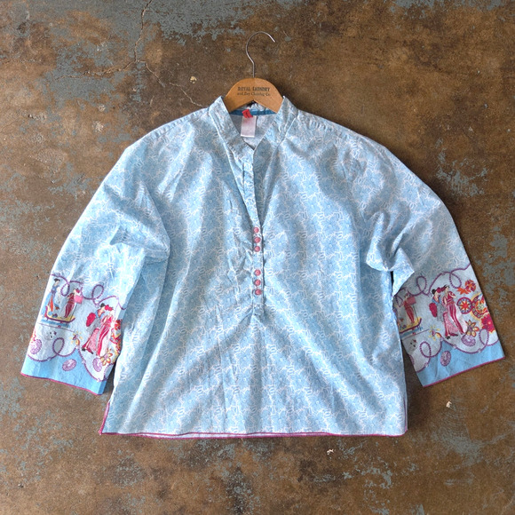 Josie Natori Women's Pajama Top Size XL Asian Inspired Blue Print Cotton - Picture 1 of 7